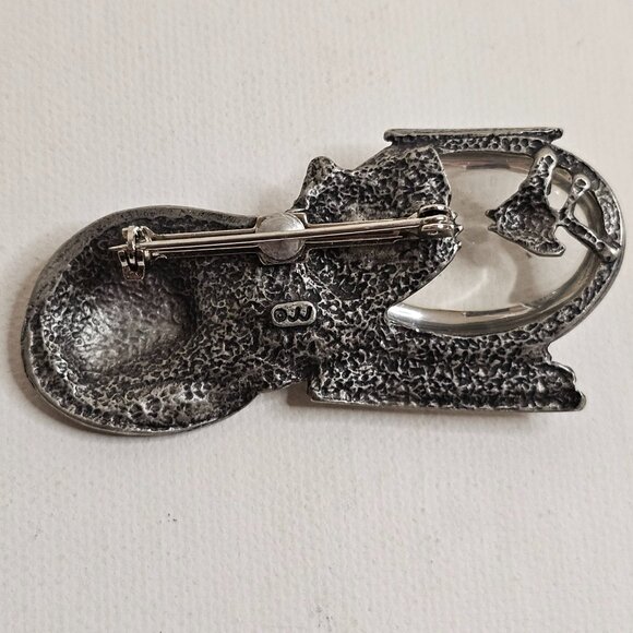 JJ Silver Tone Pewter Cat Fishbowl Brooch Marked Pin - Picture 2 of 7